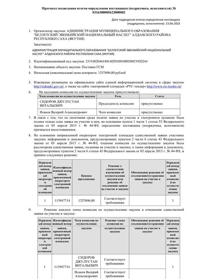 Примеры итоговых протоколов по 44-ФЗ из единой информационной системы