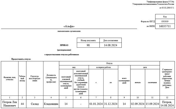 Приказ о предоставлении отпуска за 2024 год. Формы Т-6 и Т-6А